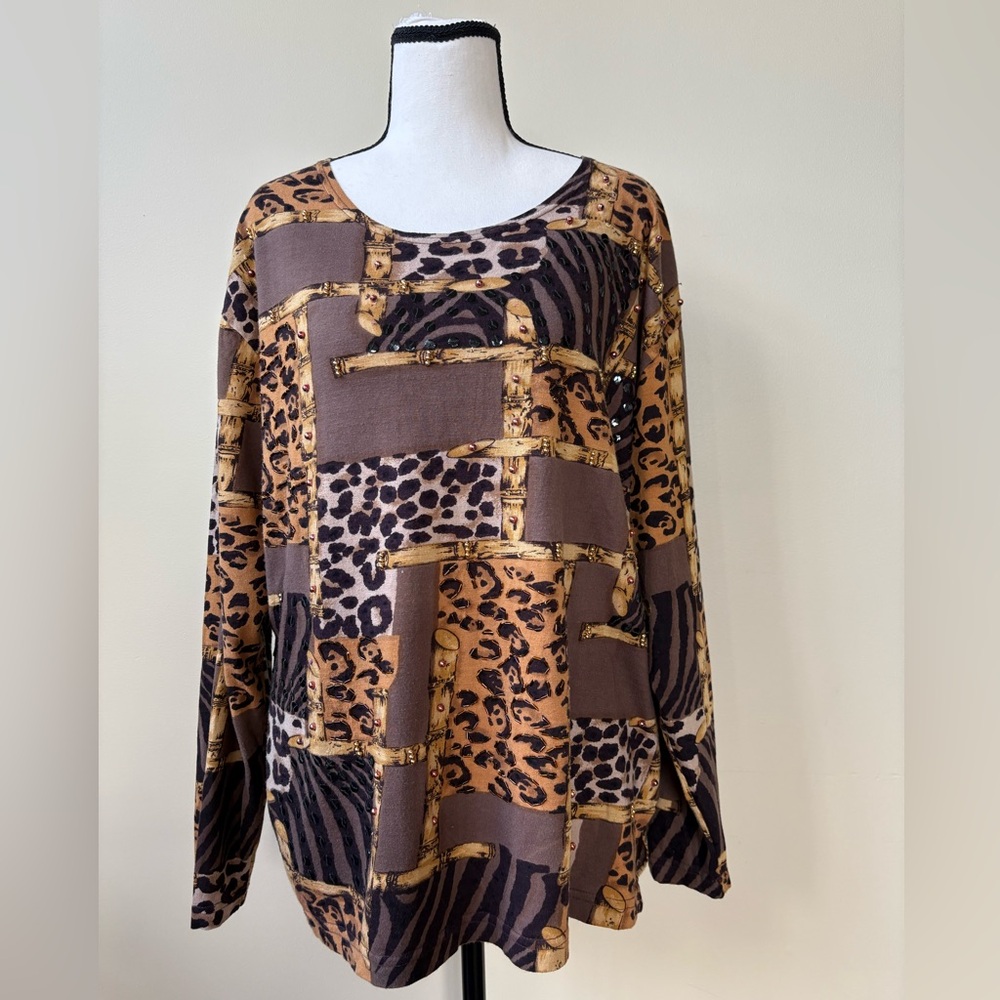 90's Vintage - Brown and Tan Animal Print Blouse - Size XL